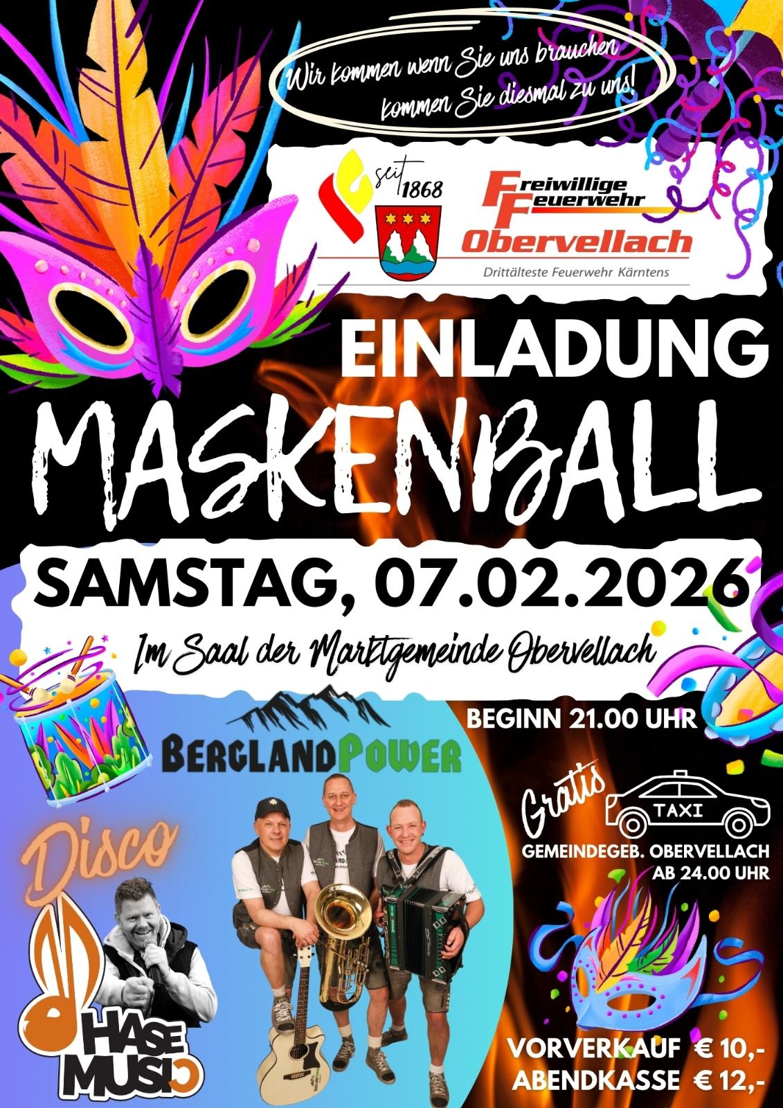 Einladung zum Maskenball der FF-Obervellach