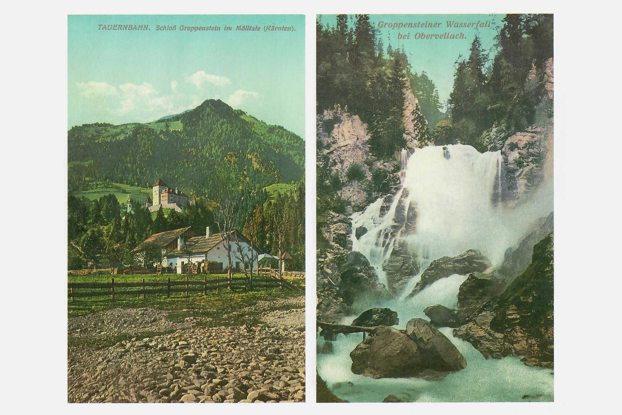 Schloss Groppenstein und Wasserfall vor der Kraftwerkserrichtung, 1915
